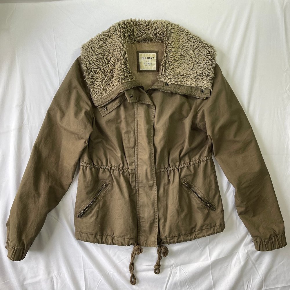 Old Navy Sherpa Collar Bomber Jacket Women's XS Army Green Cinch Waist